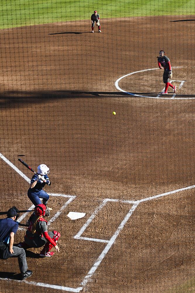 Junior pitcher Wynne Gore pitches the ball during the game against UNC-Wilmington at Dail Softball Stadium on Friday, Feb. 28, 2025. NC State lost the game to UNC-Wilmington 5-4.