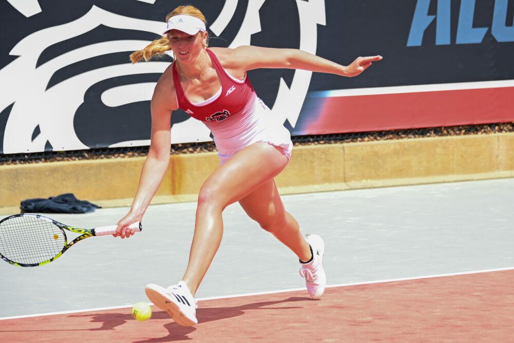 Sophomore Maddy Zampardo runs for the ball during her singles match against Georgia Tech at J.W. Isenhour Tennis Center on Sunday, March 30, 2025. Zampardo won the first game of her singles match 6-2. NC State beat Georgia Tech 4-3.