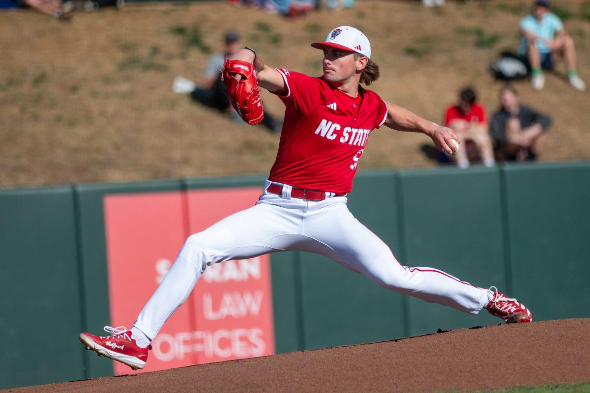 Junior left-handed pitcher Dominic Fritton pitches the ball home during the game against Canisius at Doak Field at Dail Park on Feb. 28, 2025. Fritton faced 26 batters and struck out 12. NC State beat Canisius 10-2 in the first game of the series.