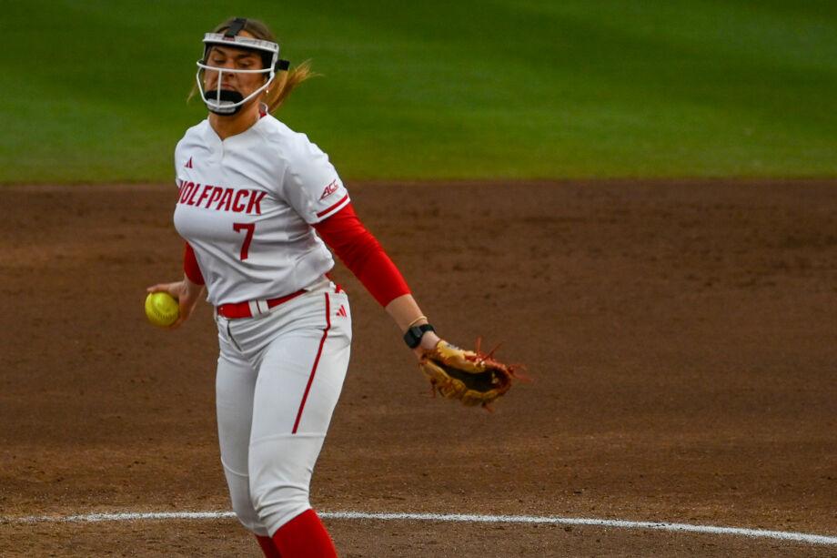 Junior right-handed pitcher Wynne Gore pitches the softball to her opponent during the game against UNC-Wilmington at Dail Softball Stadium on Saturday, March 1, 2025. Gore only allowed one run. NC State beat UNC-Wilmington 14-1.