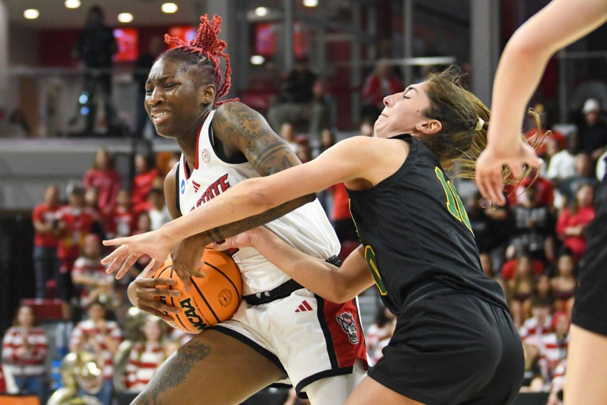 Senior guard Saniya Rivers attempts to keep control of the ball during the first round game of the NCAA Tournament against Vermont in Reynolds Coliseum on Saturday, March 22, 2025. Rivers scored 15 points, on top of making 12 rebounds and two steals. The Wolfpack beat the Catamounts 75-55.