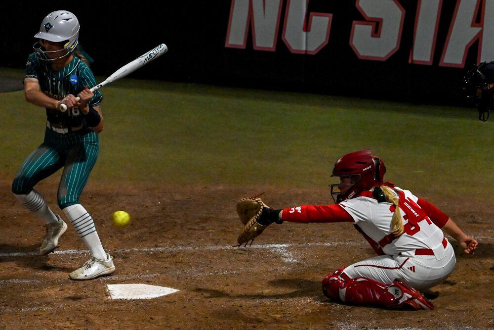Redshirt senior catcher Payden Bordeau catches a strike during the game against UNC-Wilmington at Dail Softball Stadium on Saturday, March 1, 2025. NC State beat UNC-Wilmington 14-1.