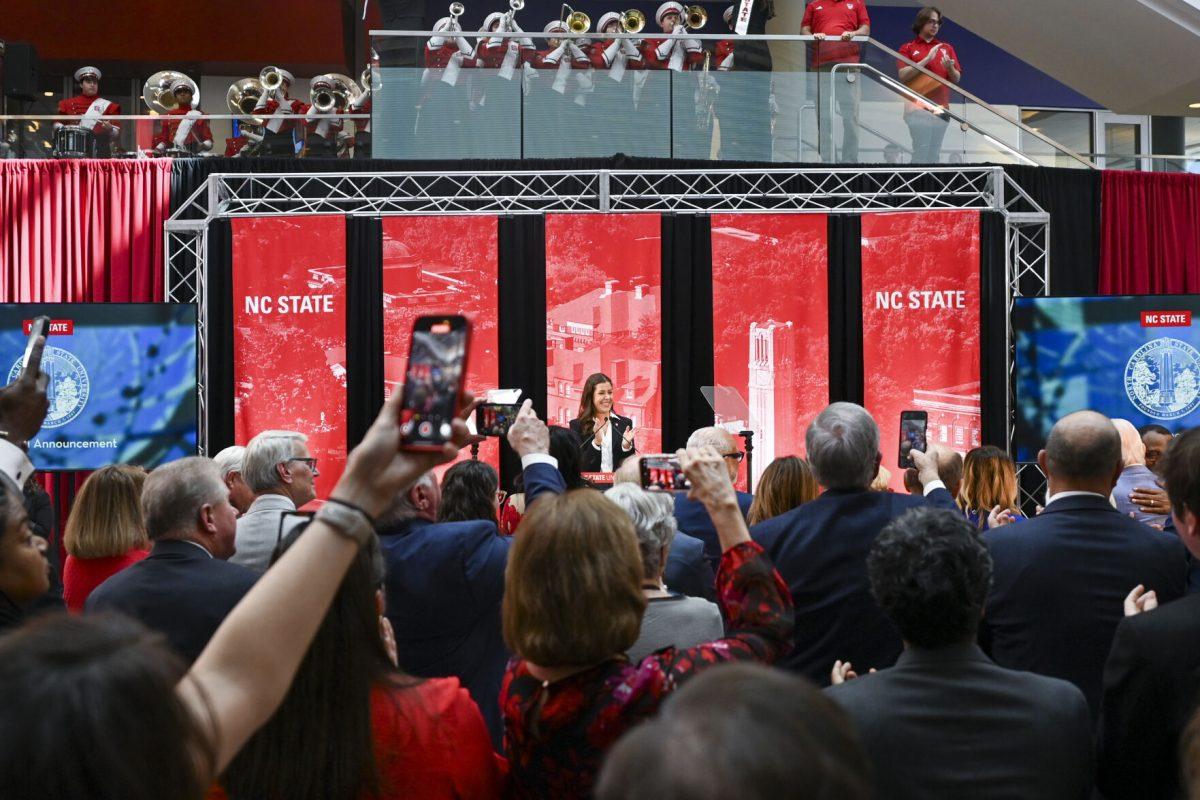 Allison Markert, a fourth-year studying natural resources and the current student body president, claps during the new chancellor announcement in Talley Student Union on Tuesday, March 18, 2025. Kevin Howell will be the 15th chancellor of NC State and the first Black chancellor. While he was a student at NC State, Howell served as the first black student body president.