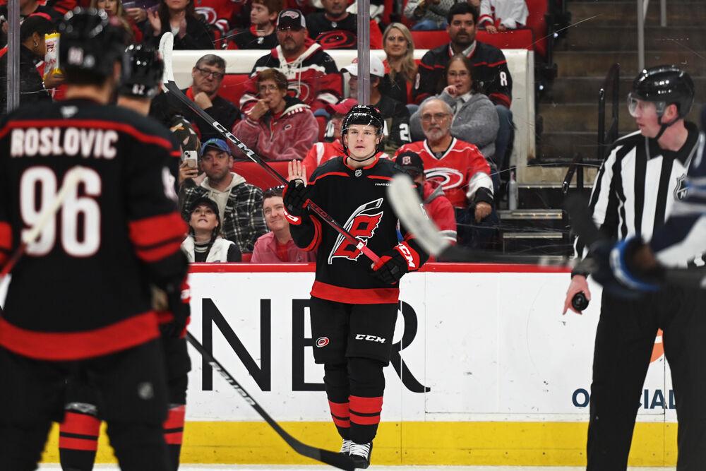 Right wing Jackson Blake waits for the puck drop during the game versus the Winnipeg Jets at the Lenovo Center on Sunday, March 9, 2025. The Hurricanes beat the Jets 4-2.