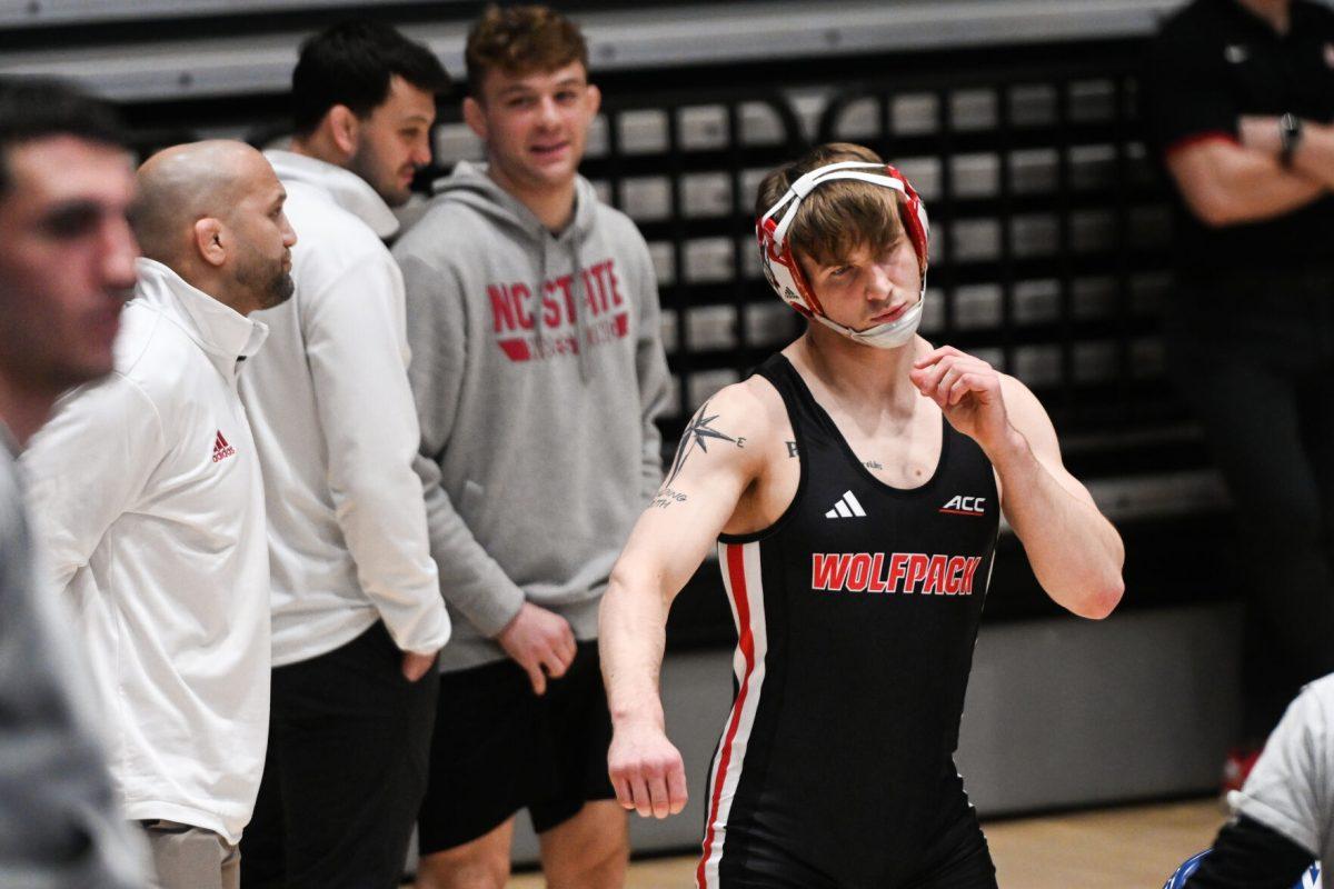 Senior Ed Scott warms up before his first round bout during the ACC Wrestling Championship Tournament in Cameron Indoor Stadium on Sunday, March 9, 2025. Scott placed second in the 157 weight class. The Wolfpack placed third overall with 62.5 points.