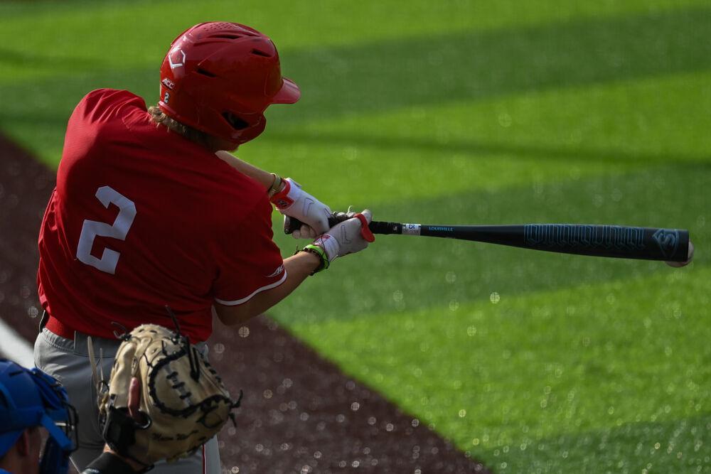 Junior outfielder Brayden Fraasman hits the ball during the game against Duke at Jack Coombs Field&#160;on Saturday, March 29, 2025.&#160;Fraasman had two hits in four at bats. NC State beat Duke 14-6.