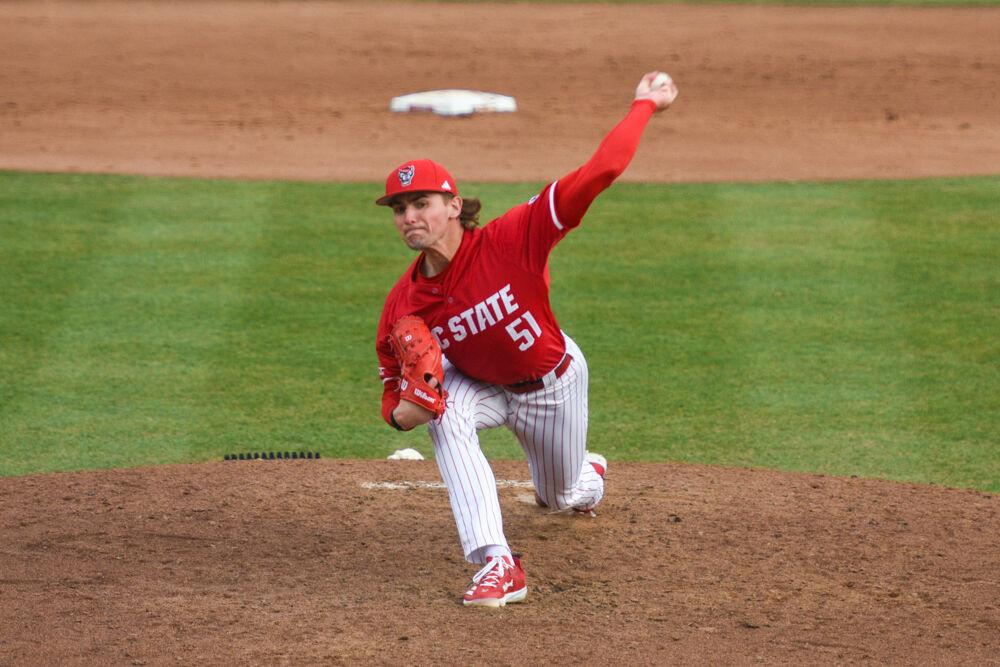 Junior pitcher Dominic Fritton pitches the ball to home plate during the game against Wright State&#160;on Doak Field at Dail Park&#160; on Friday, March 7, 2025. Fritton gave up five hits. The Wolfpack defeated the Raiders 6-4.