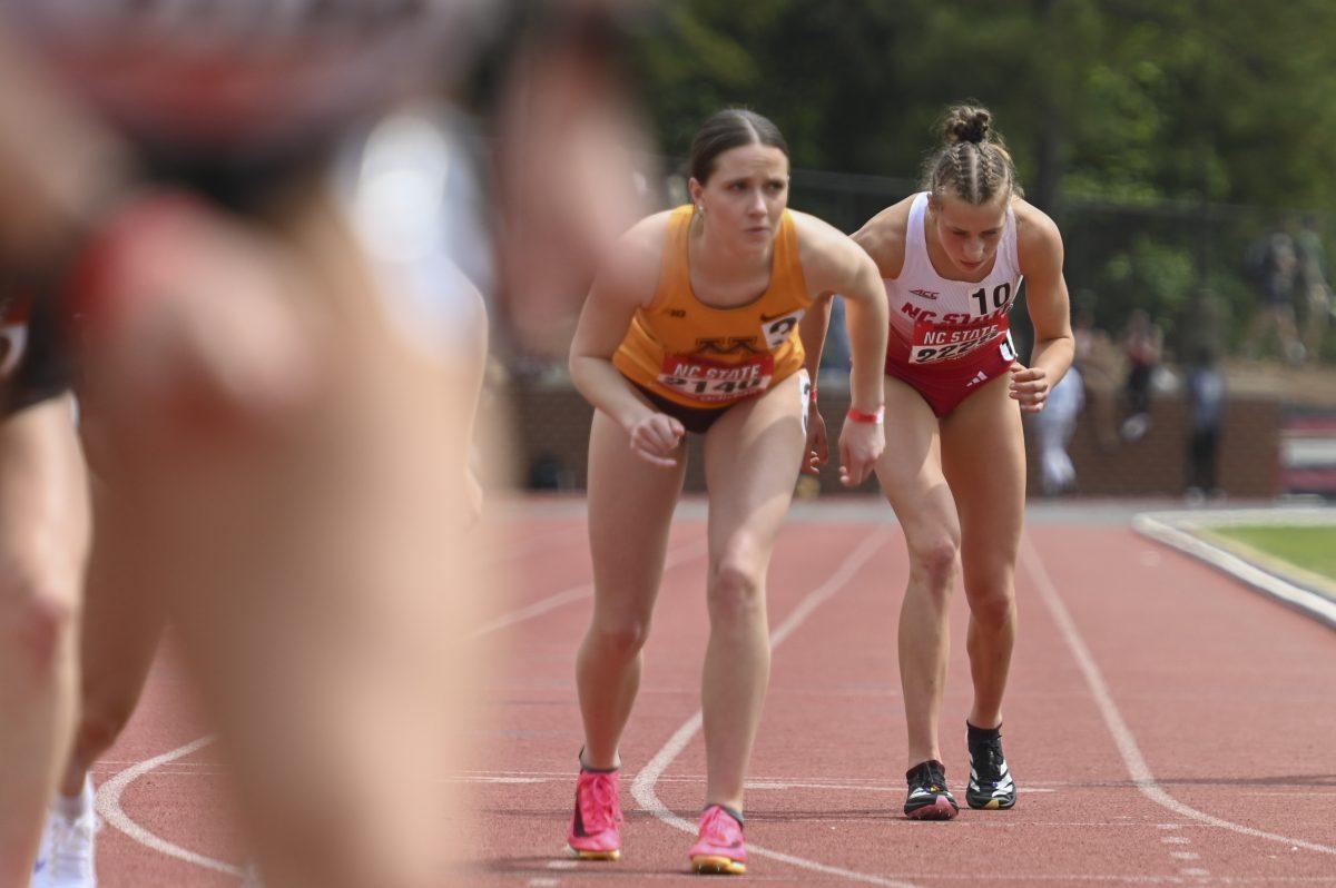Sophomore distance runner Angelina Napoleon gets ready to run during the Raleigh Relays track meet at the Derr Track and Field Facility on Saturday, March 29, 2025. Napoleon finished third in her heat with a time of 2:06.37.
