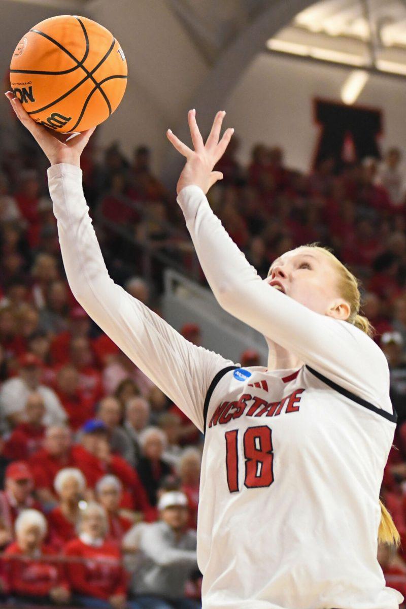 Freshman forward Tilda Trygger makes a layup during the first round game of the NCAA Tournament against Vermont in Reynolds Coliseum on Saturday, March 22, 2025. Trygger made seven rebounds and two blocks, on top of scoring eight points. The Wolfpack beat the Catamounts 75-55.