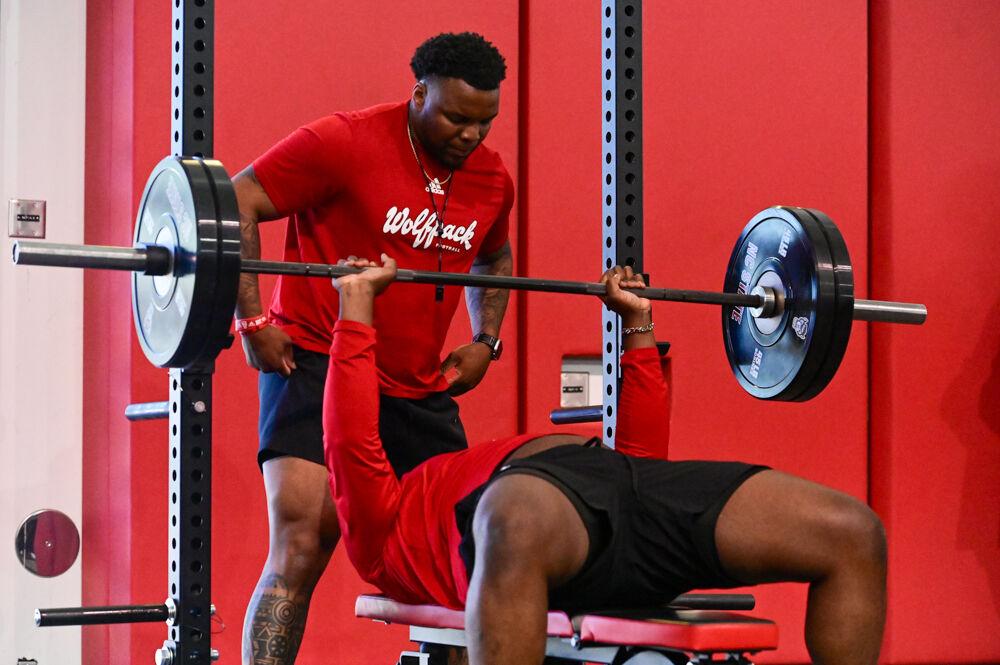 Graduate offensive tackle Anthony Belton benches during NC State football's Pro Day in the Close-King Indoor Practice Facility&#160;on Tuesday, March 25, 2025. NC State players performed a variety of tasks in front of NFL scouts before the upcoming draft.