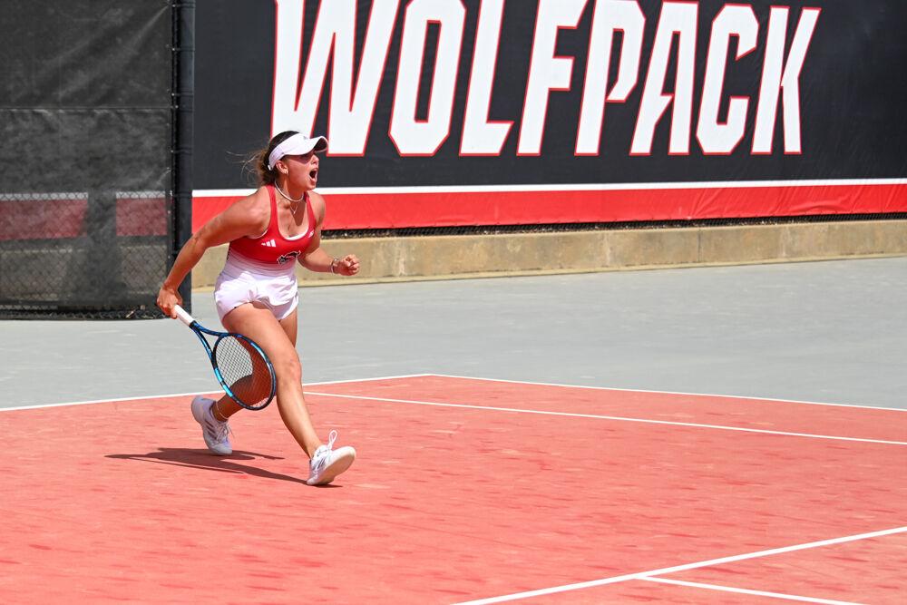 Sophomore Gabriella Broadfoot celebrates after scoring during her singles match against Georgia Tech at J.W. Isenhour Tennis Center on Sunday, March 30, 2025. NC State beat Georgia Tech 4-3.