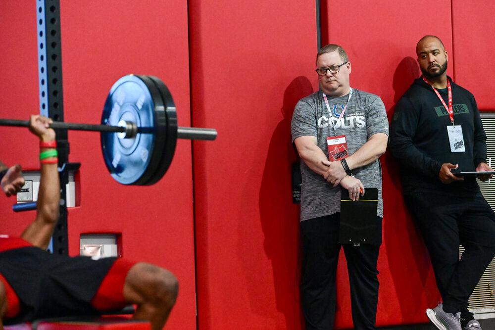 NFL scouts watches senior cornerback Corey Cooley bench during NC State football's Pro Day in the Close-King Indoor Practice Facility&#160;on Tuesday, March 25, 2025. NC State players performed a variety of tasks in front of NFL scouts before the upcoming draft.