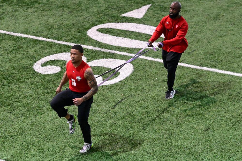 Redshirt senior Demarcus Jones ll exercises during NC State football's Pro Day in the Close-King Indoor Practice Facility&#160;on Tuesday, March 25, 2025. NC State players performed a variety of tasks in front of NFL scouts before the upcoming draft.