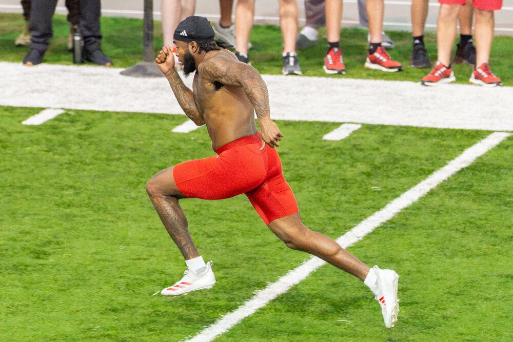 Graduate linebacker Devon Betty runs the 40 yard dash during NC State football's Pro Day in the Close-King Indoor Practice Facility&#160;on Tuesday, March 25, 2025.&#160;NC State players performed a variety of tasks in front of NFL scouts before the upcoming draft.