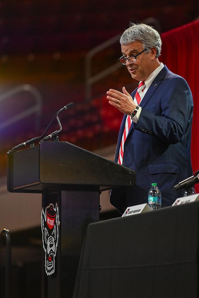 Boo Corrigan speaks during Will Wade's introduction press conference at Reynolds Coliseum on Tuesday, March 25, 2025. The press confrence was held as an introduction for Coach Wade to NC States men's basketball team.
