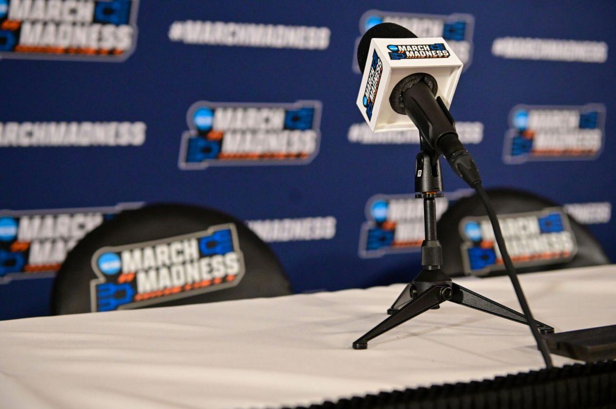 A March Madness interview microphone sits empty before the first round game of the NCAA Tournament against Vermont in Reynolds Coliseum on Saturday, March 22, 2025. NC State won the game 75-55.
