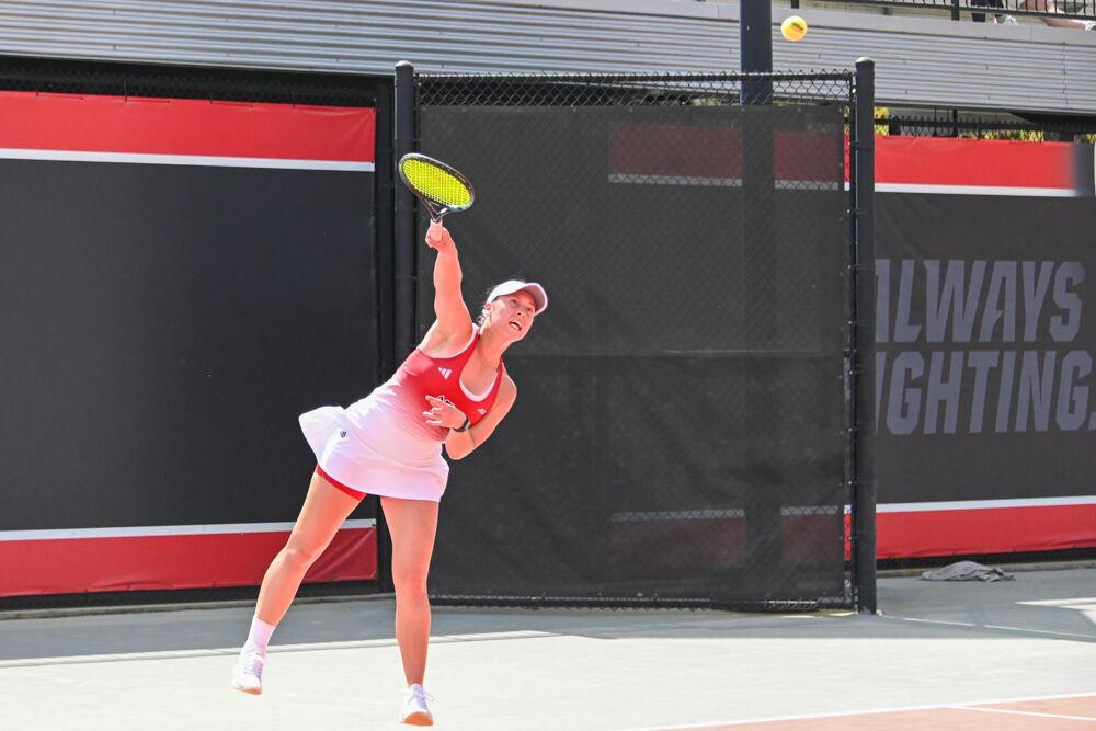 Junior Anna Zyryanova serves the ball during her singles match against Georgia Tech at J.W. Isenhour Tennis Center on Sunday, March 30, 2025. Zyryanova won both her doubles and singles matches. NC State beat Georgia Tech 4-3.