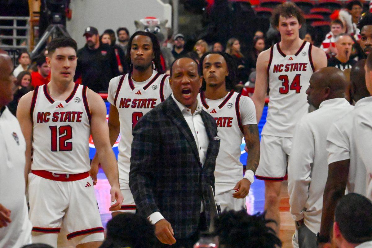 Head coach Kevin Keatts yells towards the bench during the game against Pitt in the Lenovo Center on Wednesday, March 5, 2025. The Wolfpack beat the Panthers 71-63.