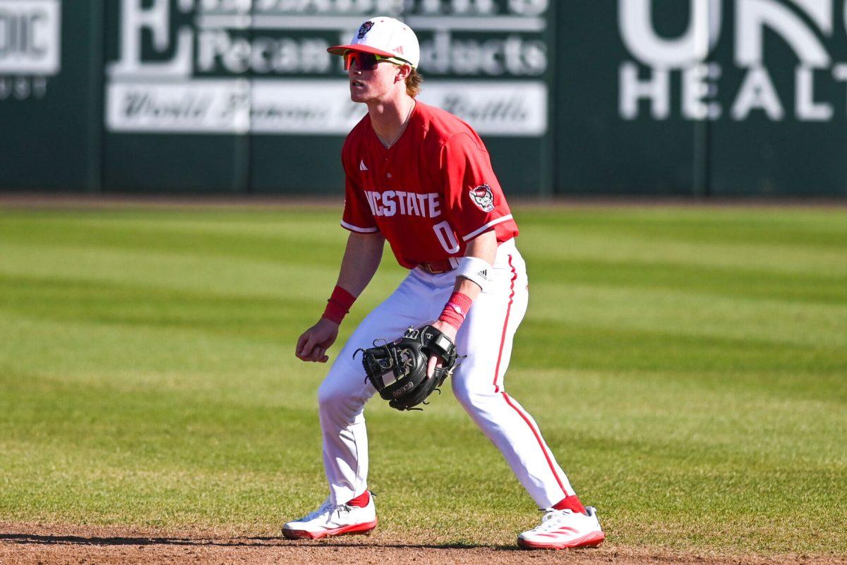 Sophomore infielder Luke Nixon prepares prior to the pitch during the game against Canisius at Doak Field at Dail Park on Feb. 28, 2025. Nixon accounted for two hits and one RBI. NC State beat Canisius 10-2 in the first game of the series.