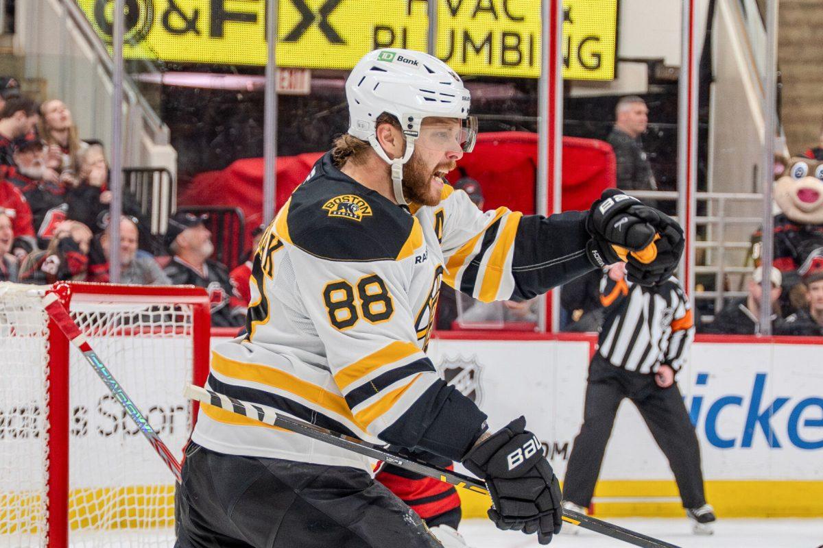 Boston winger David Pastrnak celebrates a goal during the game against the Carolina Hurricanes at the Lenovo Center on Saturday, March 6, 2025. Pastrnak had seven shots on goal. The Hurricanes beat the Bruins 3-2.