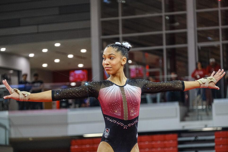 Freshman Ava Myers preforms on the floor exercise during the meet against UNC-Chapel Hill&#160;at Reynolds Coliseum on Friday, Feb. 21, 2025. Myers scored a 9.65 on the floor exercise. NC State beat UNC 197.025-195.500.