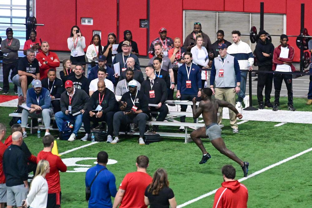 Graduate running back Jordan Waters runs a 40 yard dash during NC State football's Pro Day in the Close-King Indoor Practice Facility&#160;on Tuesday, March 25, 2025.&#160;NC State players performed a variety of tasks in front of NFL scouts before the upcoming draft.