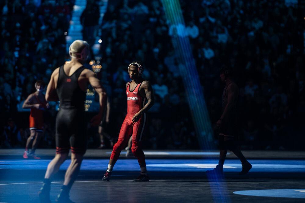 Redshirt freshman Vince Robinson prepares for his quarterfinal bout during the NCAA Wrestling Championship Tournament in the Wells Fargo Center on Friday, March 21, 2025.&#160;Robinson won the championship for the 125 pound weight class. NC State placed eighth overall with 46.5 points.