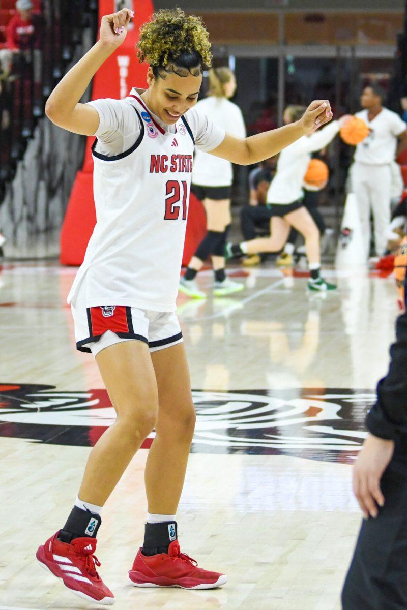 Graduate guard Madison Hayes does a line-dance before the first round game of the NCAA Tournament against Vermont in Reynolds Coliseum on Saturday, March 22, 2025. Hayes made 12 rebounds, one steal and one block, on top of scoring nine points. NC State won the game 75-55.