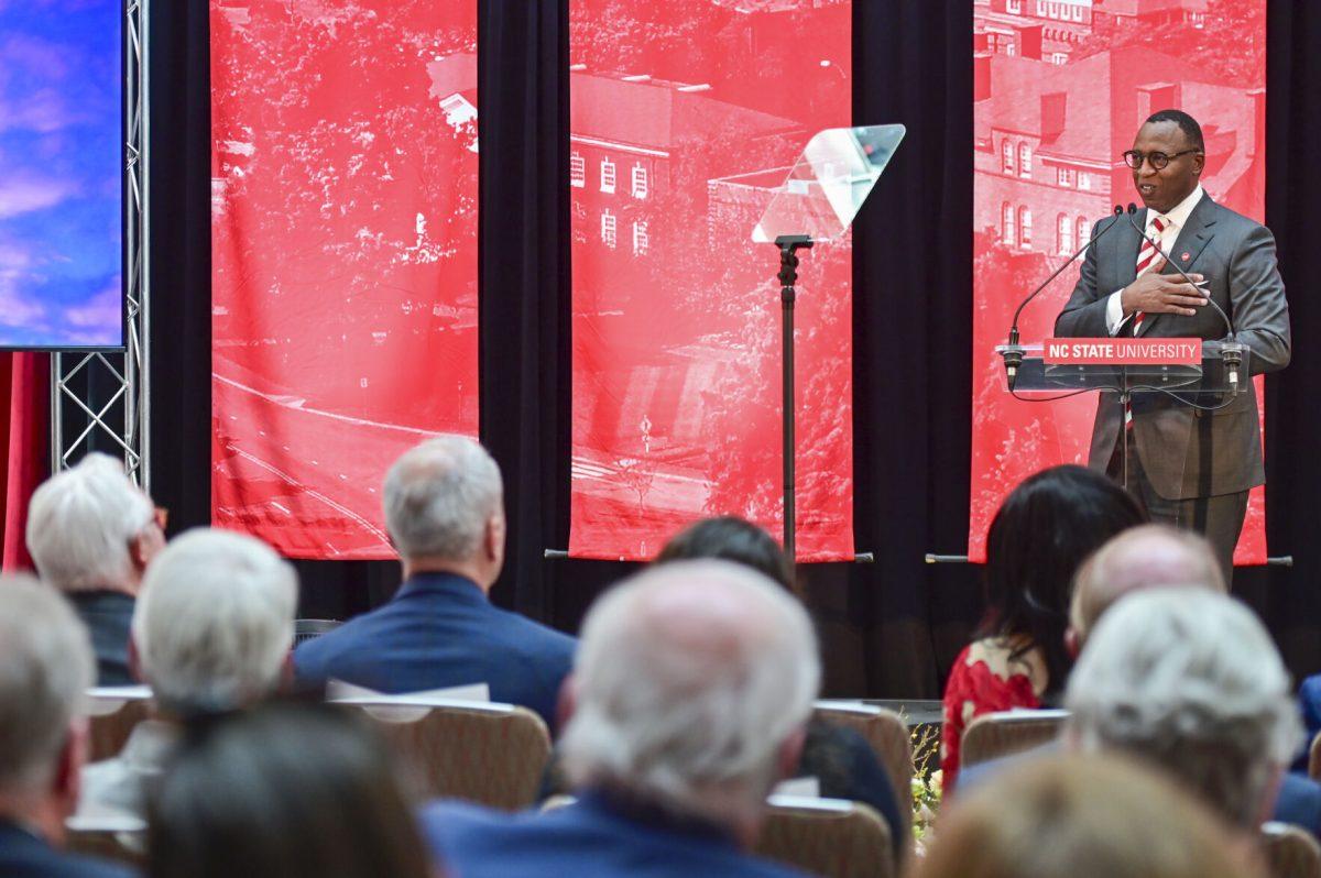 Chancellor-elect Kevin Howell expresses gratitude to Chancellor Randy Woodson during the new chancellor announcement in Talley Student Union on Tuesday, March 18, 2025. Howell is the third NC State graduate to be elected chancellor. While he was at NC State he graduated with a bachelor's degree in political science and served as the first Black student body president.