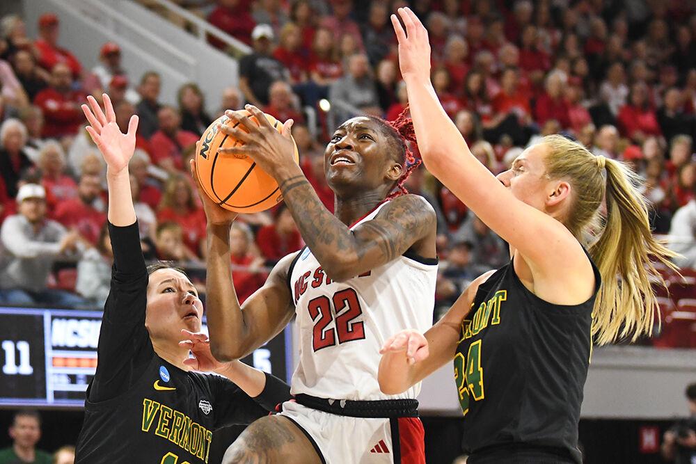 Senior guard Saniya Rivers drives to the net during the first round game of the NCAA Tournament against Vermont in Reynolds Coliseum on Saturday, March 22, 2025. Rivers scored 15 points, on top of making 12 rebounds and two steals. The Wolfpack beat the Catamounts 75-55.