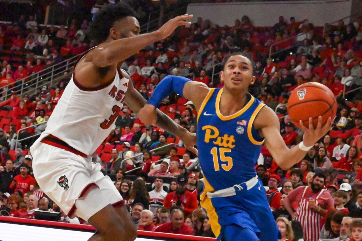 Senior forward Dontrez Styles defends the basket during the game against Pitt in the Lenovo Center on Wednesday, March 5, 2025. The Wolfpack beat the Panthers 71-63. Styles finished with a double-double of 13 points and 13 rebounds.