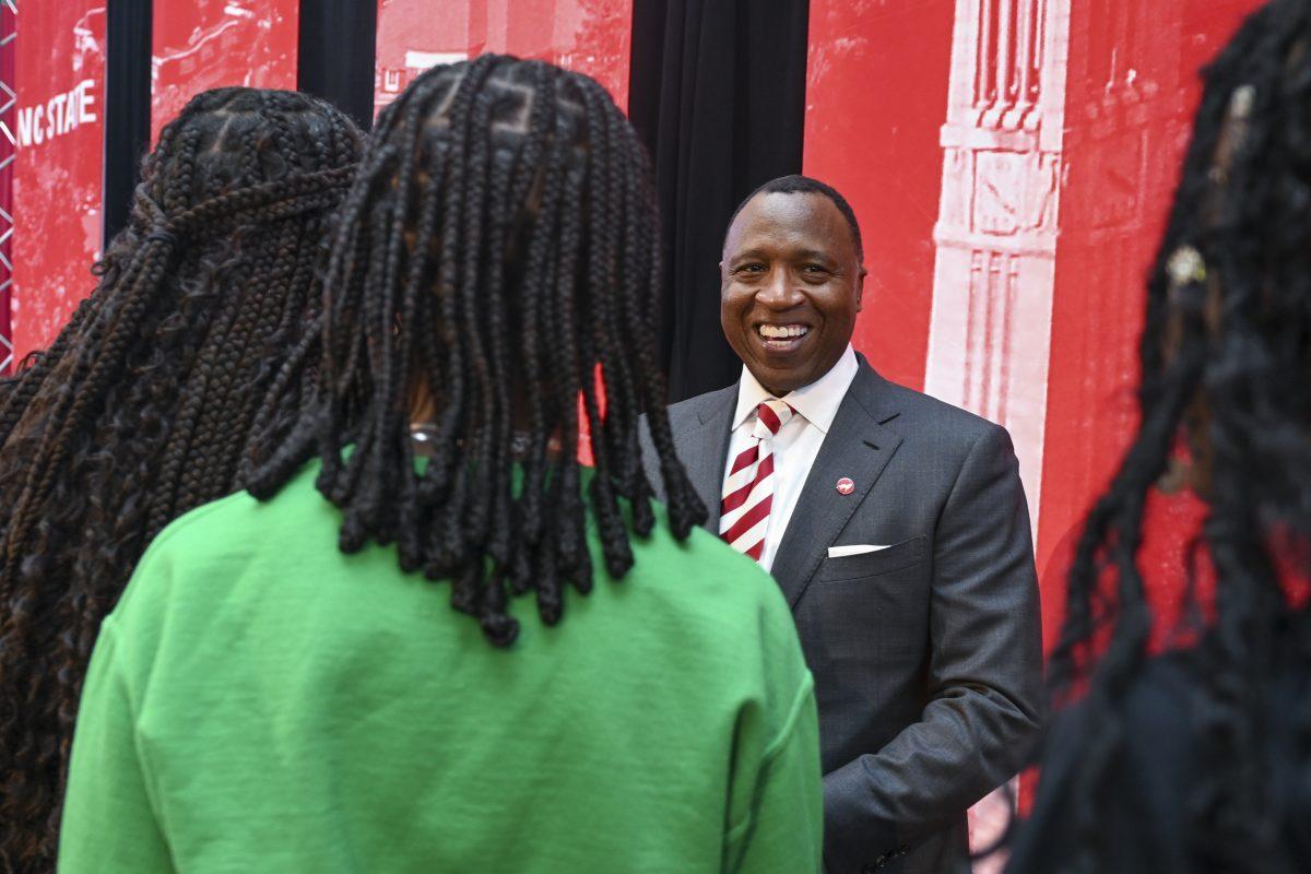Chancellor-elect Kevin Howell talks to students during the new chancellor announcement in Talley Student Union on Tuesday, March 18, 2025. Howell will be the 15th chancellor of NC State and the first Black chancellor. Prior to being elected chancellor, Howell served as the chief external affairs officer at UNC Health and sat on the advisory board for NC State's Friday Insittute for Educational Innovation.