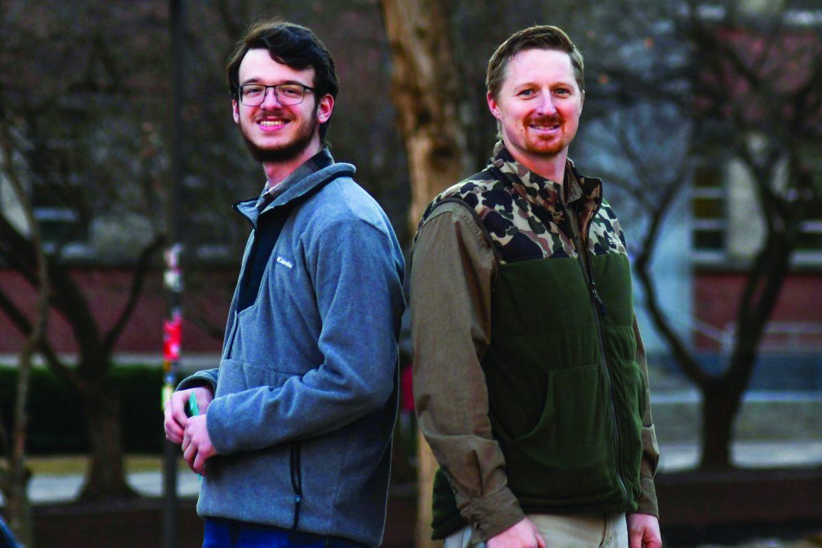 William Lance (left), a fourth-year studying mechanical engineering and Kevin Hazlett, campus minister for NC State's chapter of Collegiates for Christ pose at the atrium brickyard on Friday, Jan. 17th, 2025. Both are influencial members of Collegiates for Christ, a religious organization on campus.
