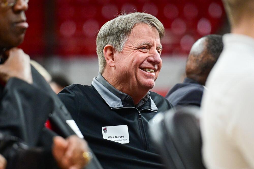 Women&#8217;s head basketball coach Wes Moore attends the press conference where NC State introduced Will Wade as the 21st men's basketball head coach in Reynolds Coliseum on Tuesday, March 25, 2025.