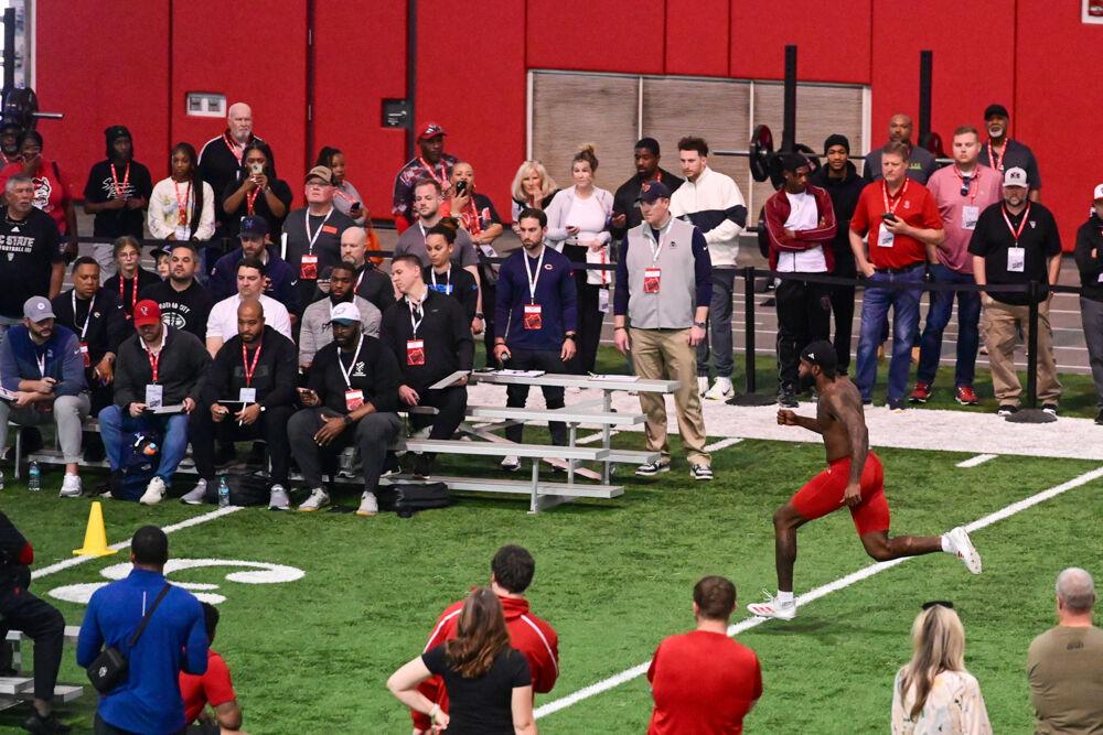 Graduate linebacker Devon Betty runs the 40 yard dash during NC State football's Pro Day in the Close-King Indoor Practice Facility&#160;on Tuesday, March 25, 2025. NC State players performed a variety of tasks in front of NFL scouts before the upcoming draft.