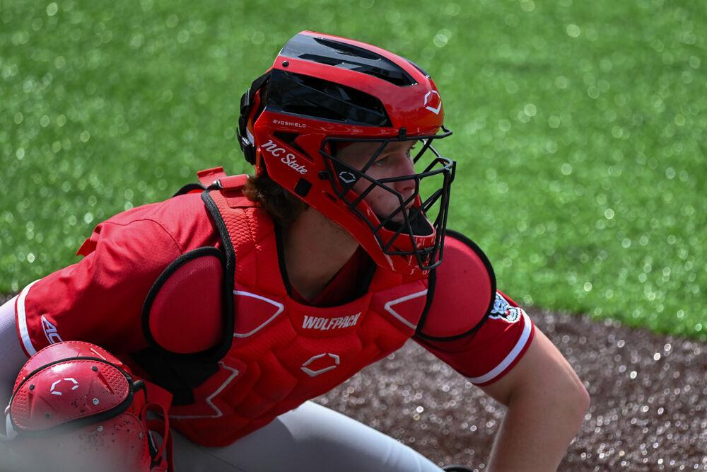 Sophomore catcher Alex Sosa catches a ball while warming up before the game against Duke at Jack Coombs Field&#160;on Saturday, March 29, 2025.&#160;Sosa went two for four with one home run. NC State beat Duke 14-6.