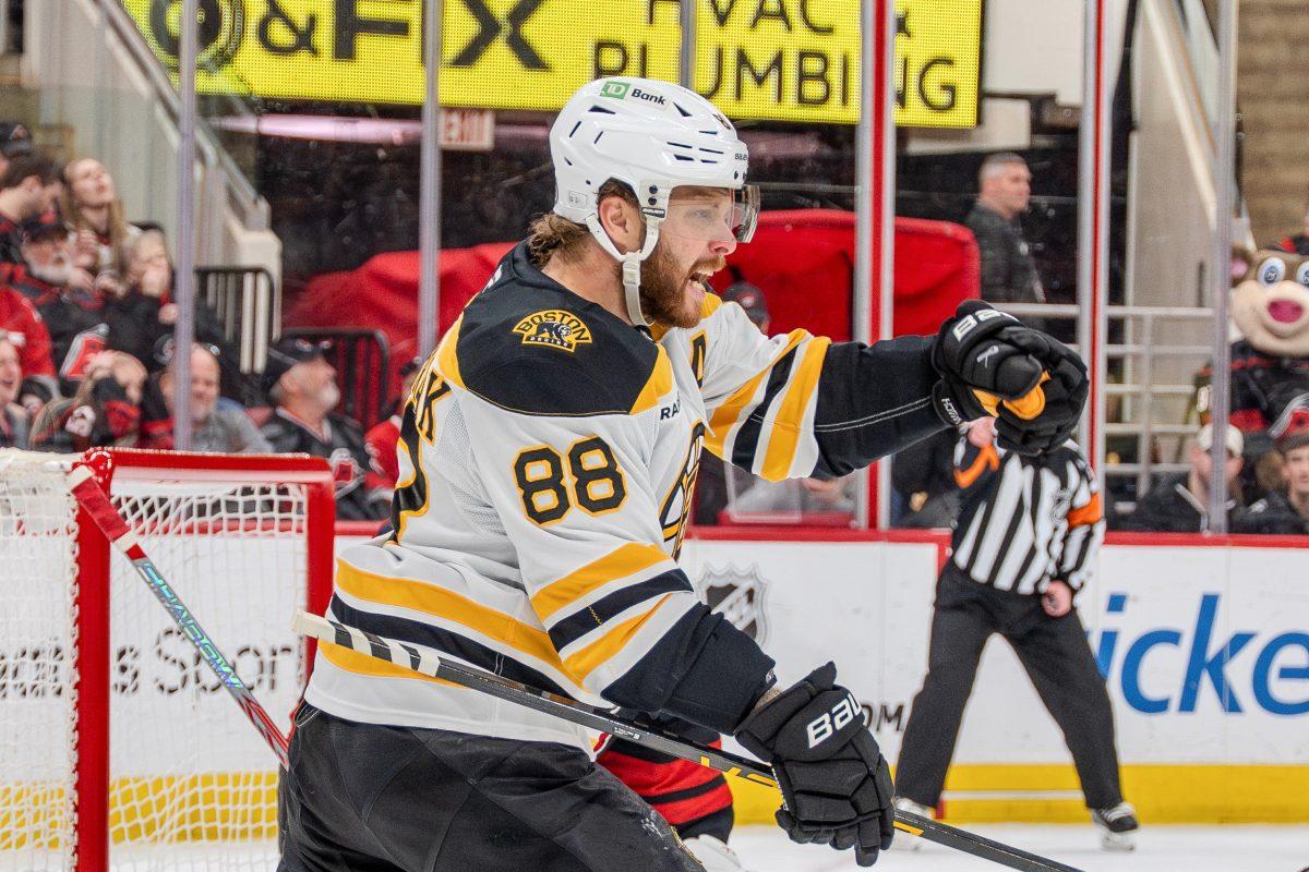Boston winger David Pastrnak celebrates a goal during the game against the Carolina Hurricanes at the Lenovo Center on Saturday, March 6, 2025. Pastrnak had seven shots on goal. The Hurricanes beat the Bruins 3-2.