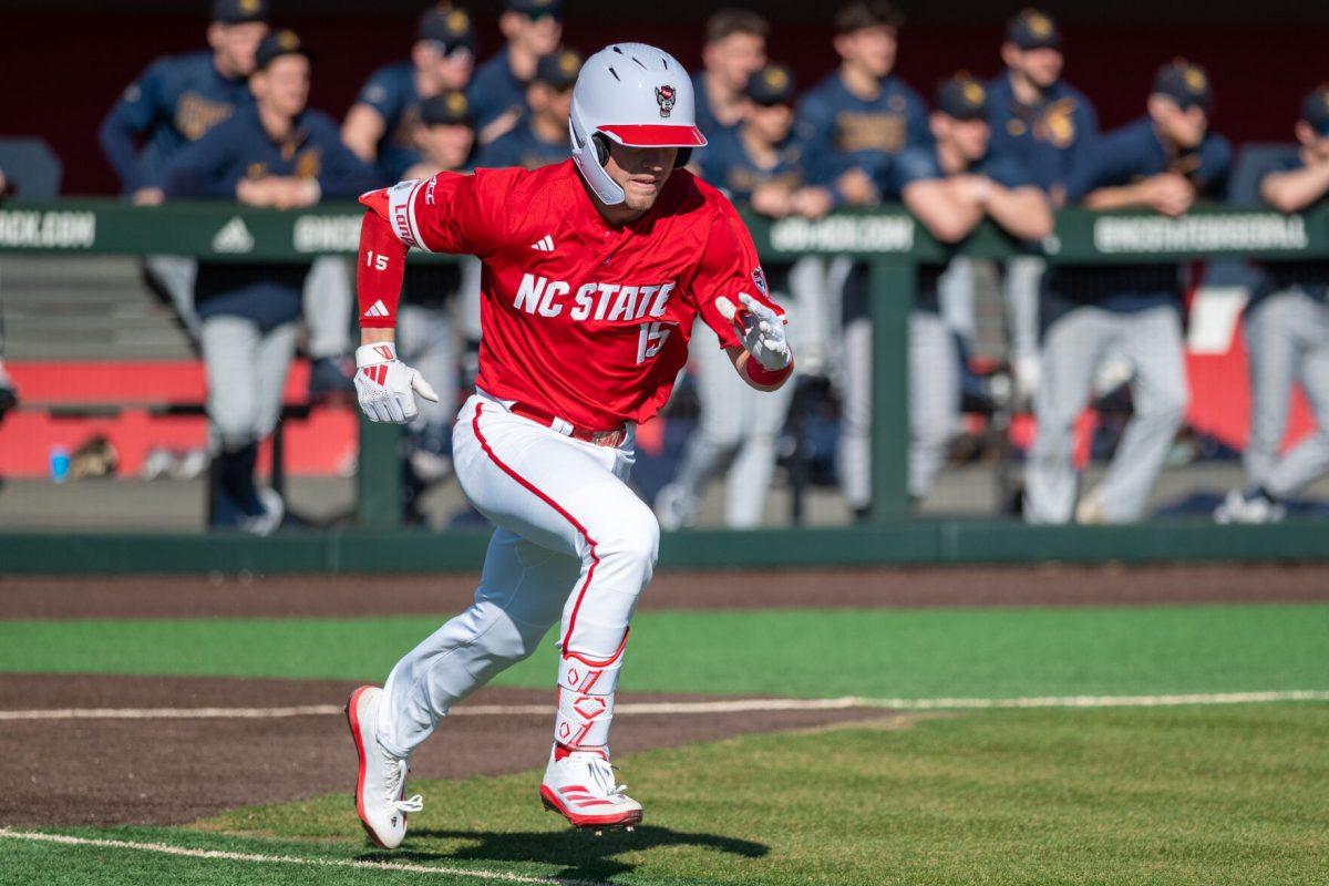 Redshirt sophomore outfielder Drew Lanphere runs to first during the game against Canisius at Doak Field at Dail Park on Feb. 28, 2025. Lanphere accounted for one hit and two runs. NC State beat Canisius 10-2 in the first game of the series.