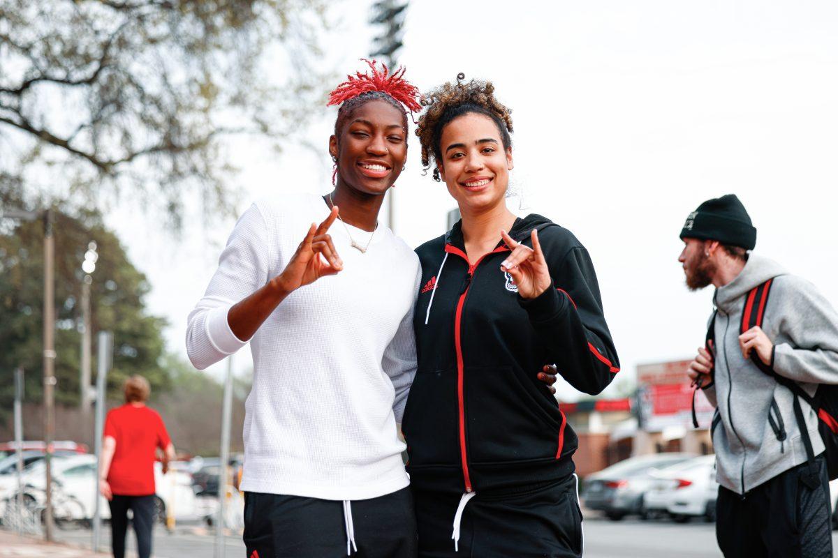 Senior guard Saniya Rivers and graduate guard Madison Hayes smile for a photo during the team's welcome back to Reynolds Coliseum on Saturday, March 29, 2025. Rivers and Hayes are both graduating this year.