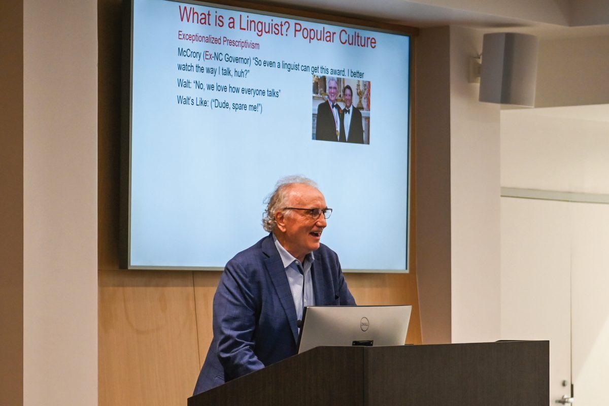 Dr. Walt Wolfram presents a slideshow on his work and research following his receiving of the William C. Friday Award at Witherspoon Student Center on Friday, March 28, 2025. Dr. Wolfram was honored by the Park Scholars class of 2025 for his remarkable research and achievements in the field of linguistics.