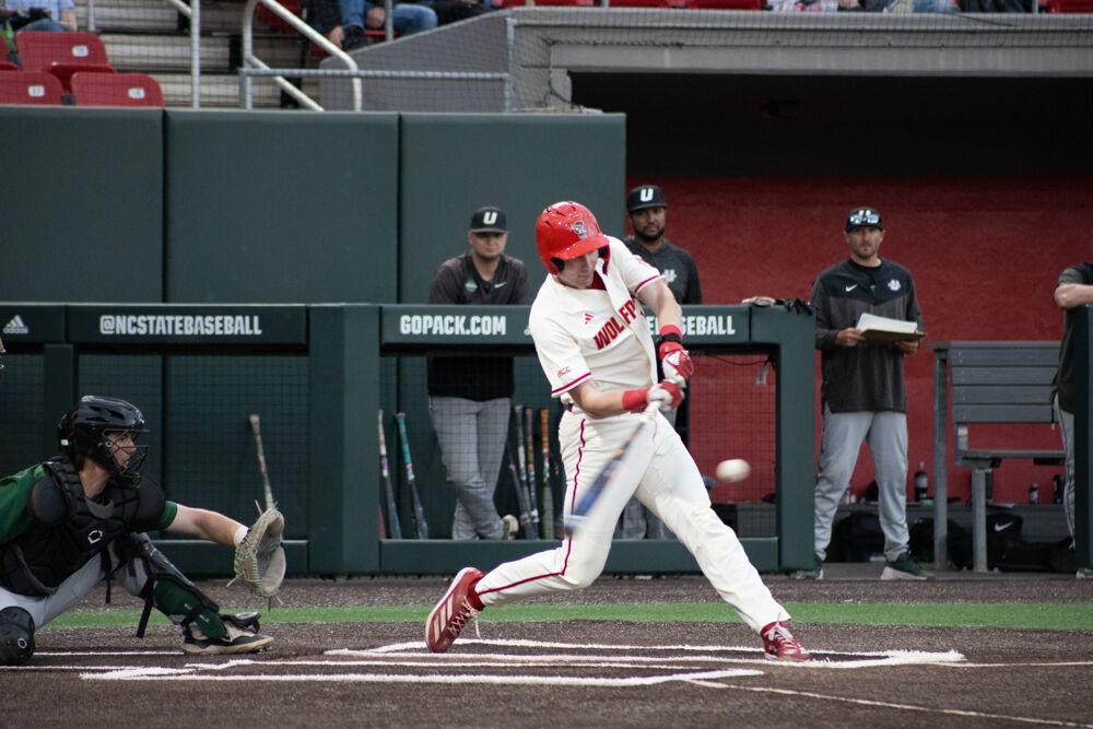 Sophomore infielder Ryan Jaros swings for the ball during the game against USC-Upstate on Doak Field at Dail Park on Tuesday, March 25, 2025. Jaros scored one run during the game. The game ended in the eighth inning due to the mercy rule.&#160;The Wolfpack lost to the Spartans 15-5.