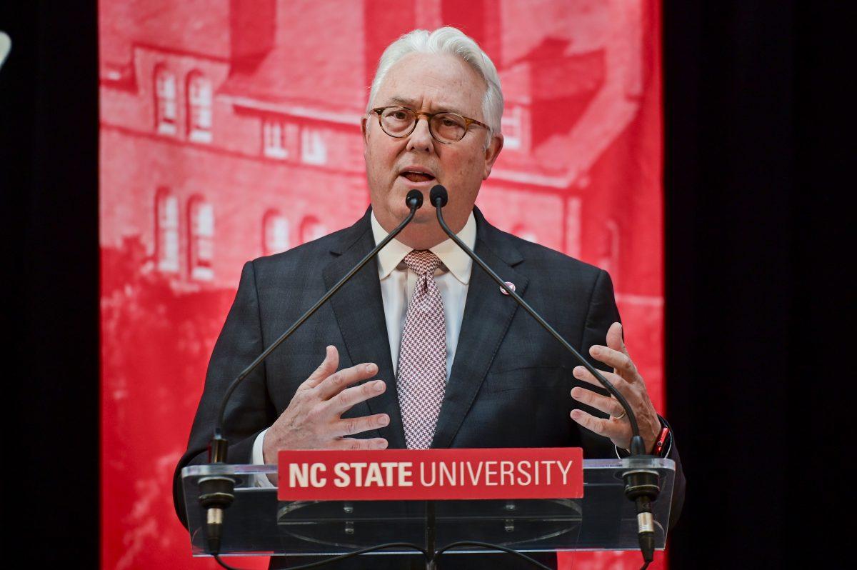Chancellor Randy Woodson talks to the crowd during the new chancellor announcement in Talley Student Union on Tuesday, March 18, 2025. After serving as chancellor for 14 years, Kevin Howell takeover as the 15th chancellor.