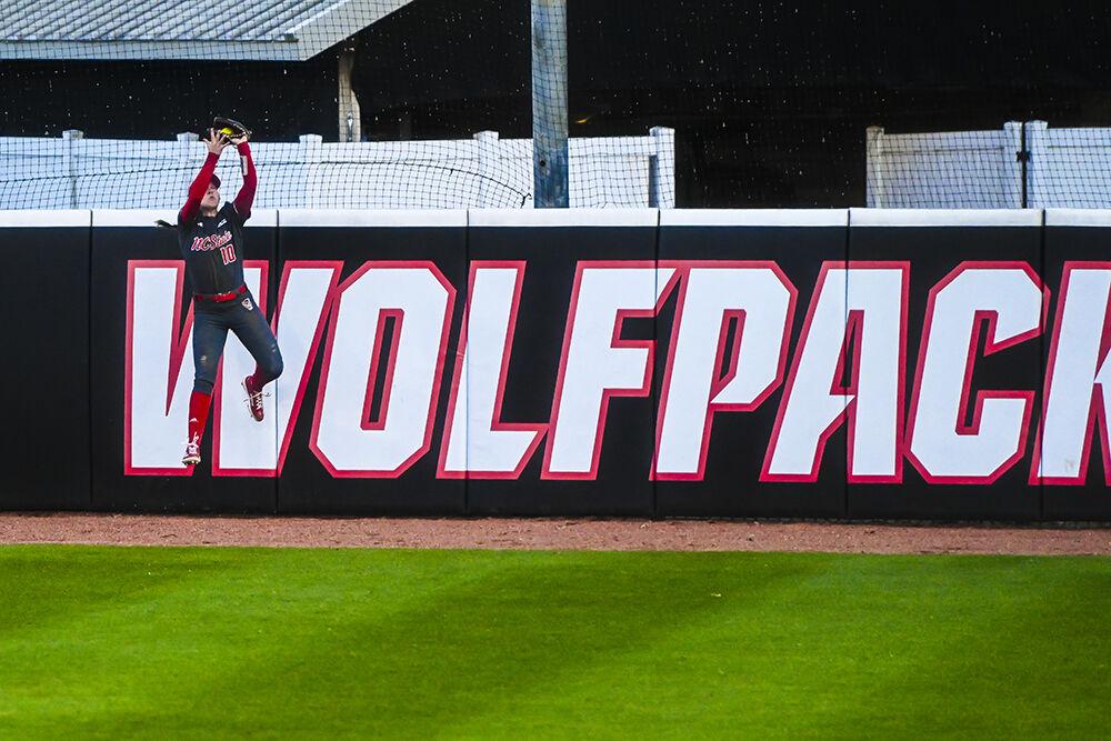 Junior outfielder Ellie Goins catches the ball during the game against UNC-Wilmington at Dail Softball Stadium on Friday, Feb. 28, 2025. The Wolfpack lost to the Seahawks 5-4.