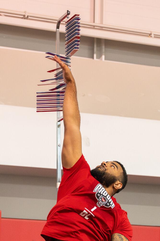 Graduate defensive end Davin Vann completes the vertical jump during NC State football's Pro Day in the Close-King Indoor Practice Facility&#160;on Tuesday, March 25, 2025. NC State players performed various tasks in front of NFL scouts before the upcoming draft.