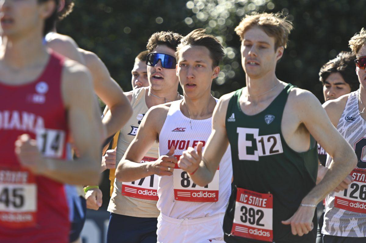 Sophomore distance runner Krister Sjoblad runs with the pack during the Raleigh Relays track meet at the Derr Track and Field Facility on Thursday, March 27, 2025. Sjobald finished the 1500m with a time of 3:54.23.