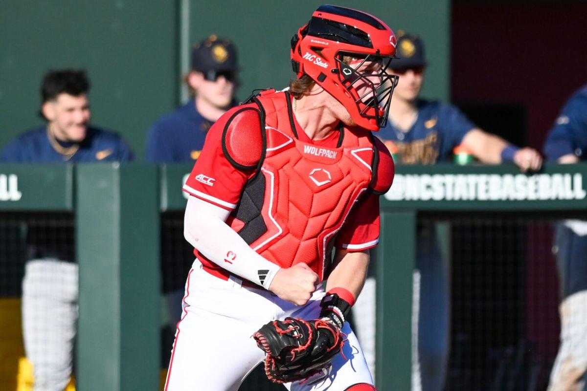 Sophomore catcher Alex Sosa hypes up his pitcher after an inning ending strike out during the game against Canisius at Doak Field at Dail Park on Feb. 28, 2025. Sosa accounted for two hits and two runs. NC State beat Canisius 10-2 in the first game of the series.