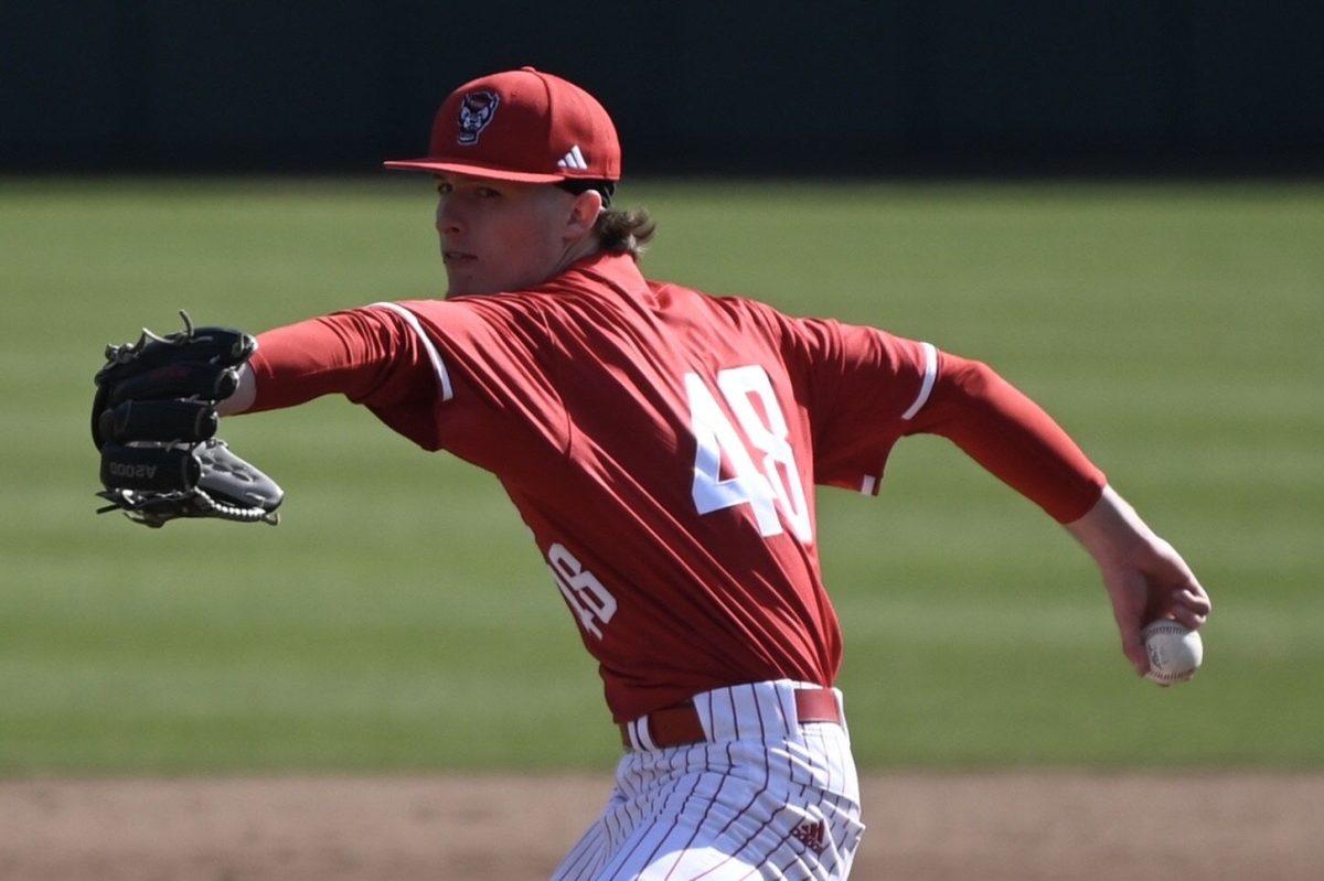 Junior pitcher/outfielder Andrew Shaffner pitches during NC State's opening day game against Fordham on Doak Field at Dail Park on Friday, Feb. 14, 2025. Shaffner gave up no runs in 3.2 innings pitched. The Wolfpack defeated the Rams 11-1 via mercy rule to take game one.