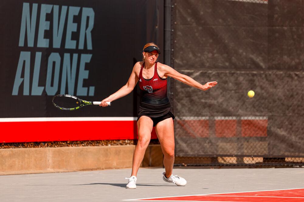 Sophomore Maddy Zampardo eyes down the ball during her singles game against Clemson at J.W. Isenhour Tennis Center on Friday, March 28, 2025. Zampardo won her doubles match 6-4. NC State won the match 4-0.