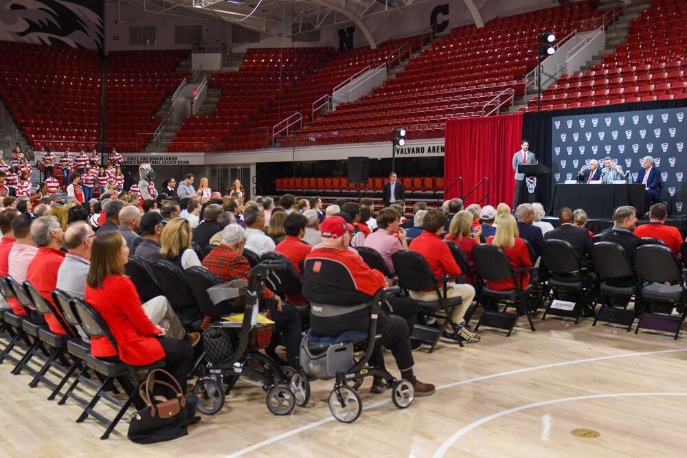 Will Wade, the new head coach of NC State men's basketball, speaks to a crowded audience inside Reynolds Coliseum on Tuesday, March 25, 2025. Wade is the Wolfpack's 21st men's basketball coach, following after former coach Kevin Keatts.