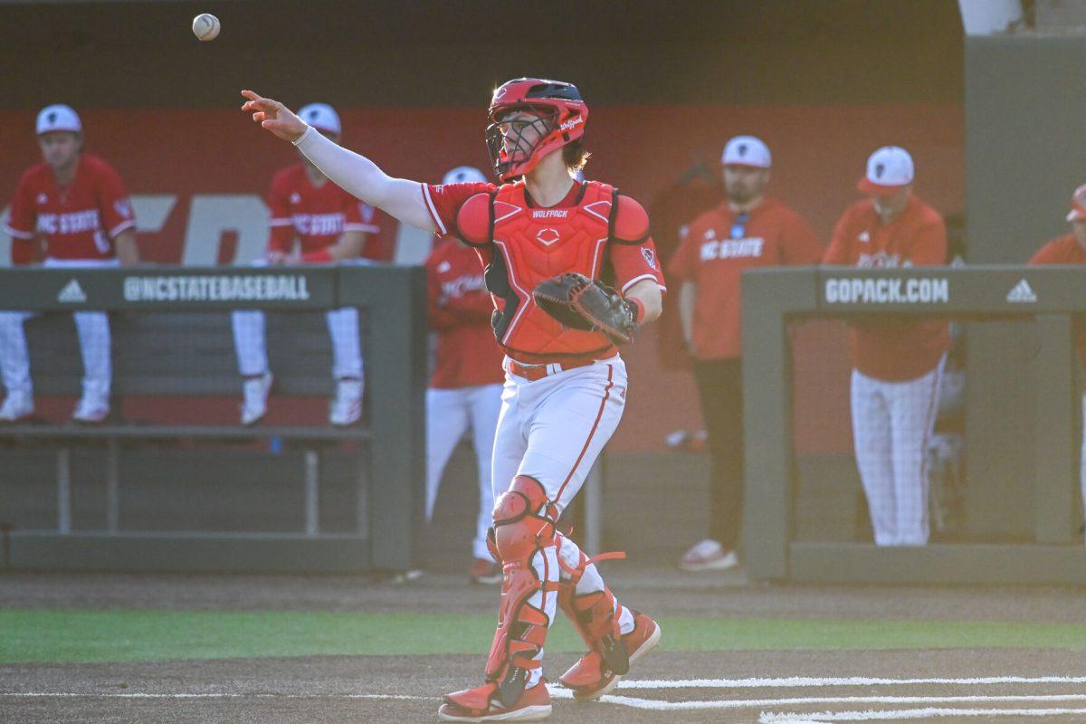 Sophomore catcher Alex Sosa throws the ball to the thrid baseman after a strikeout during the game against Canisius at Doak Field at Dail Park on Feb. 28, 2025. Sosa accounted for two hits and two runs. NC State beat Canisius 10-2 in the first game of the series.